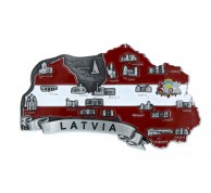 Ledusskapja magnēts Latvijas karte ar pilsētu simboliem